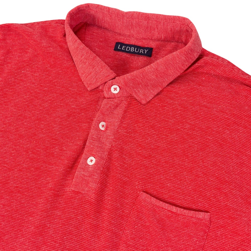 Ledbury Long Sleeve Polo Shirt Mens XL Red 100% Cotton‎ Textured Knit Pocket